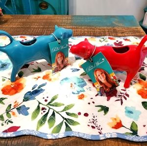 Pioneer Woman Teal & Red Cow Creamers